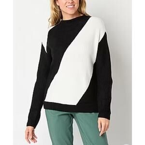 Liz Claiborne Women's L Mock Neck Long Sleeve Black White Striped Sweater